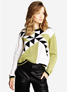 Sweater with small collar & geometric intarsia pattern