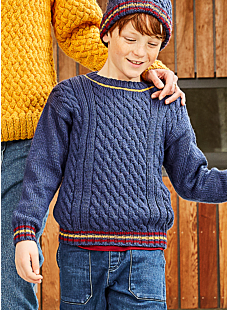 Cable sweater with striped borders