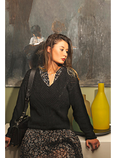 V neck sweater with astrakan yoke