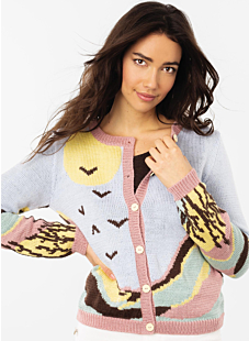 Thin landscape intarsia cardigan with round collar