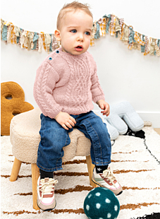 Boat neck baby sweater with central cable