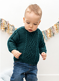 Boat neck baby sweater with central cable
