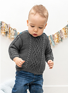Boat neck baby sweater with central cable