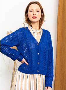 V neck cardigan with cables and eyelets