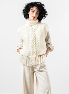 Poncho sweater with cables & fringe