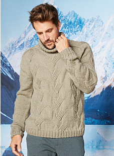 Flat-cable, saddle-sleeved, roll-neck sweater