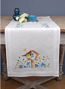 Bird table cross-stitch table runner kit, 40 x 100 cm