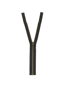 Dark brown open end brass zipper, 35 cm.